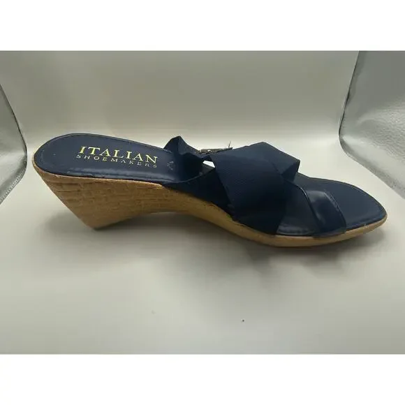 Italian Shoemakers Woman 10 Blue Elastic Straps Wedge Sandals Slide Slip On - Picture 4 of 9